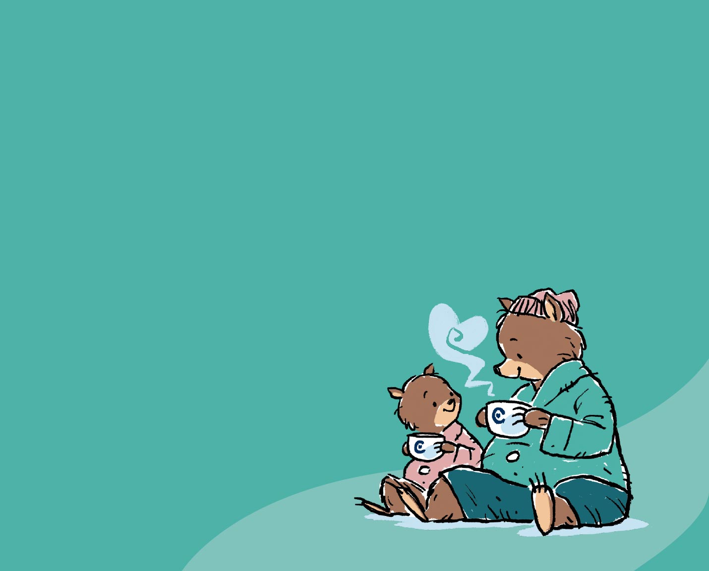 Parent and child bear characters with hot chocolate