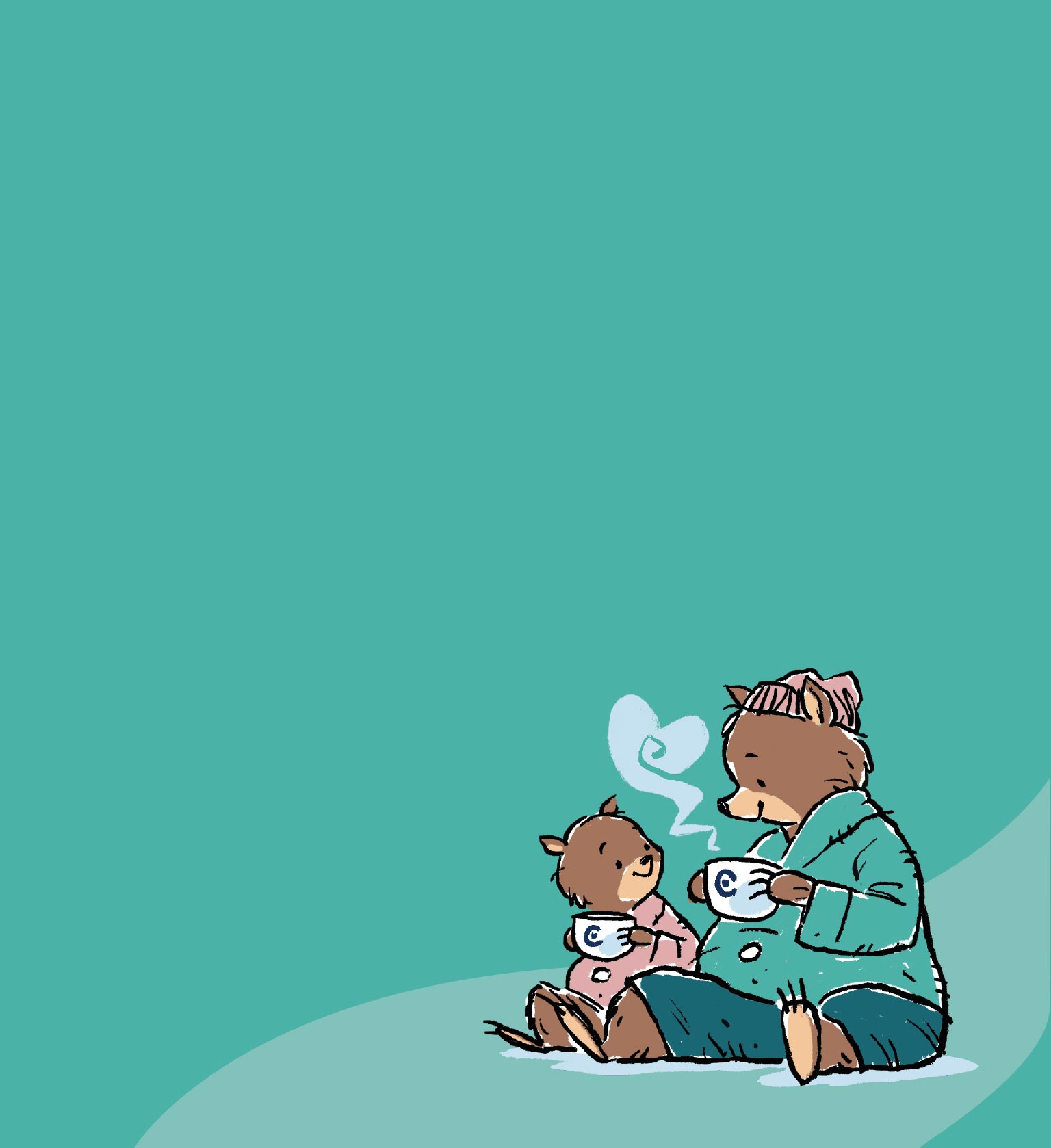 Parent and child bear characters with hot chocolate