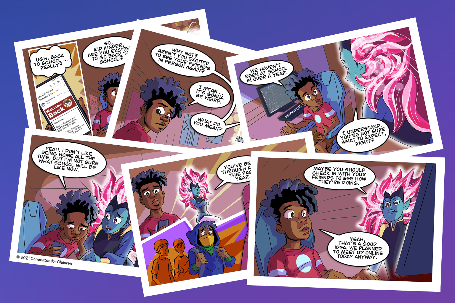 Various Captain Compassion comic panels.