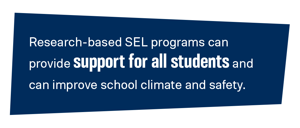 Research-based SEL programs can
provide support for all students and can improve school climate and safety.