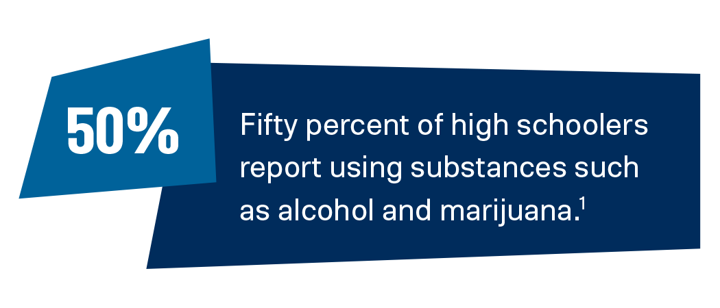 Fifty percent of high schoolers report using substances such as alcohol and marijuana