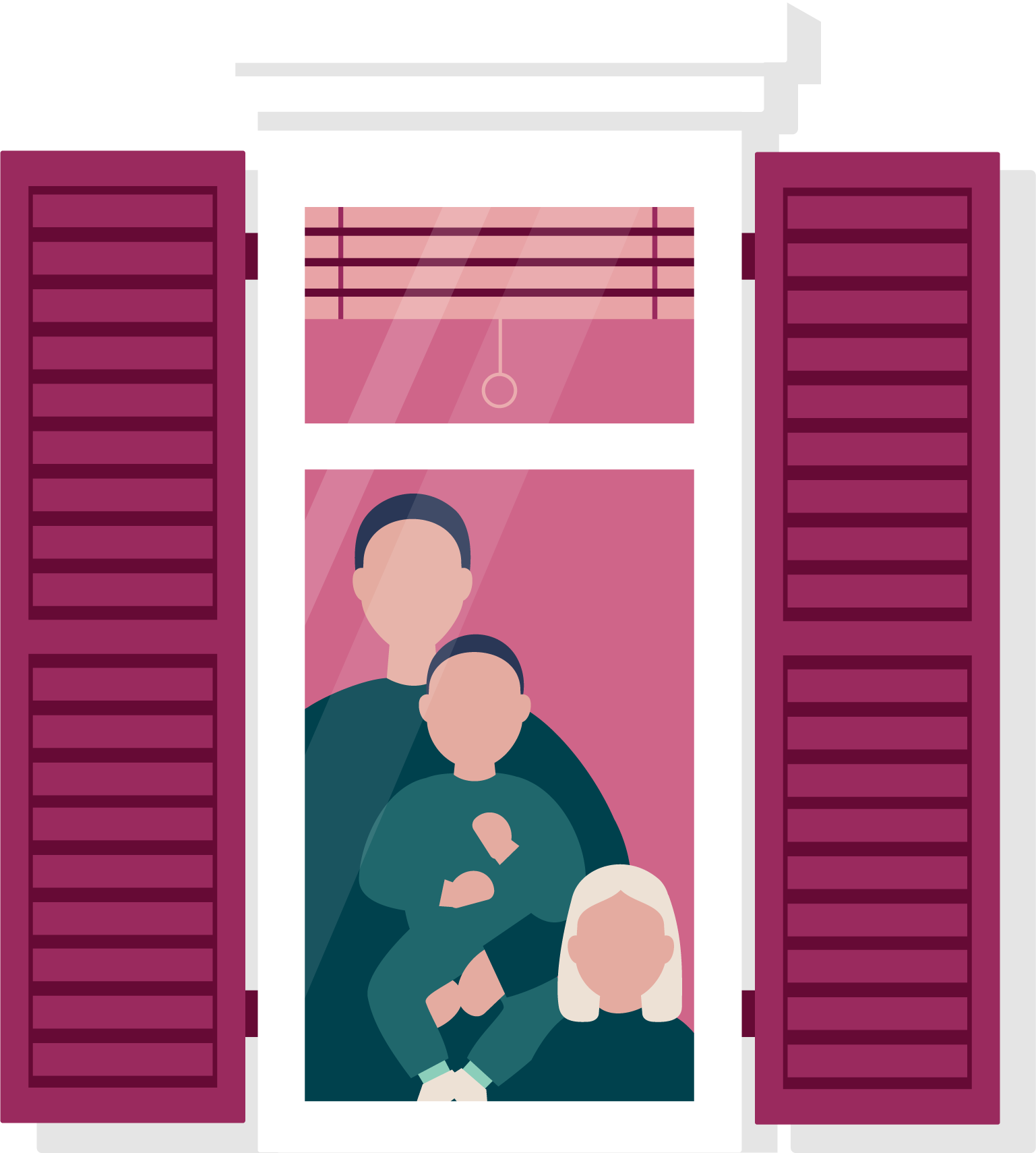A window with open blinds, open shutters, and a family.